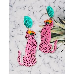 New Pink Beaded Cheetah Teal Dangle Drop Earrings Lightweight Leopard‎ Colorful